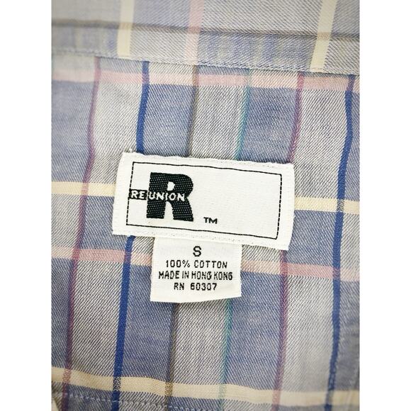 VTG ReUnion Button Up Striped Checkered Shirt Cut Off Sleeves Sz S Single Stitch - Picture 8 of 9